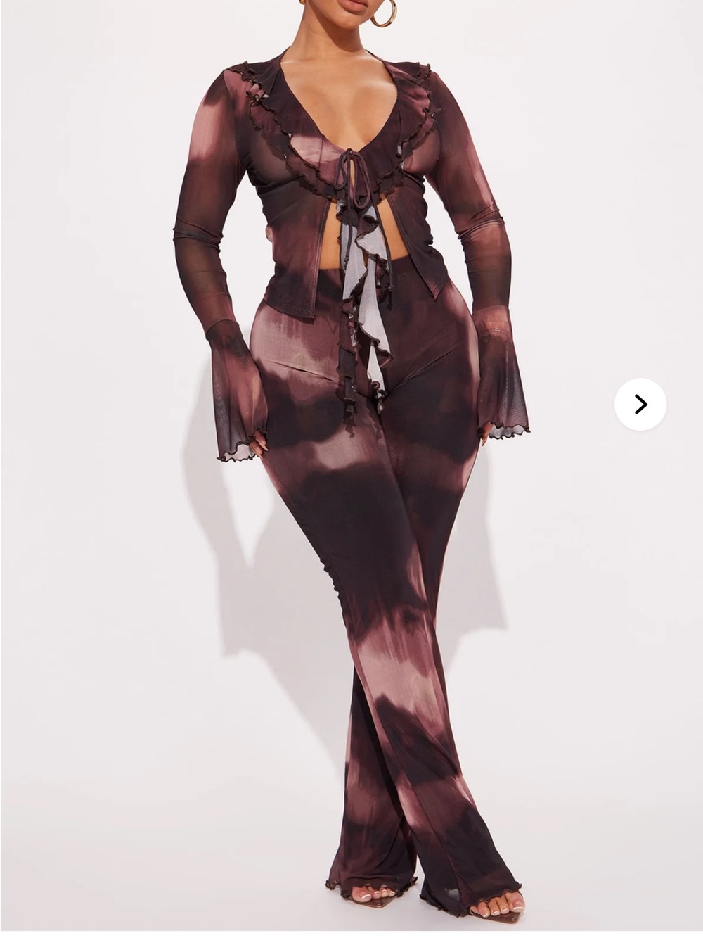 Fashion Nova Mauve & Black Sheer Tie-Front Ruffle Top